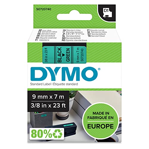DYMO Original D1-Etikettenband | schwarz auf grün | 9 mm x 7 m | selbstklebendes Schriftband | für LabelManager-Beschriftungsgerät von DYMO