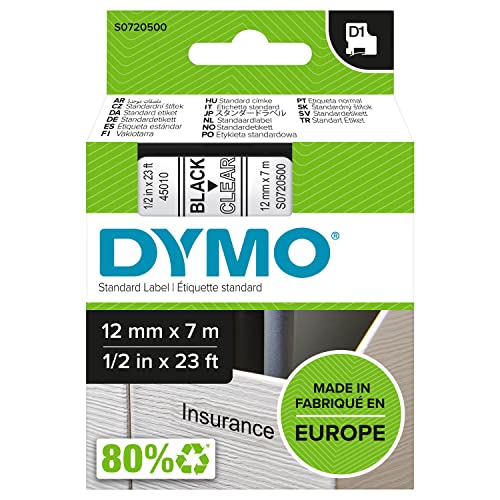 DYMO Original D1-Etikettenband | schwarz auf transparent | 12 mm x 7 m | selbstklebendes Schriftband | für LabelManager-Beschriftungsgerät von DYMO