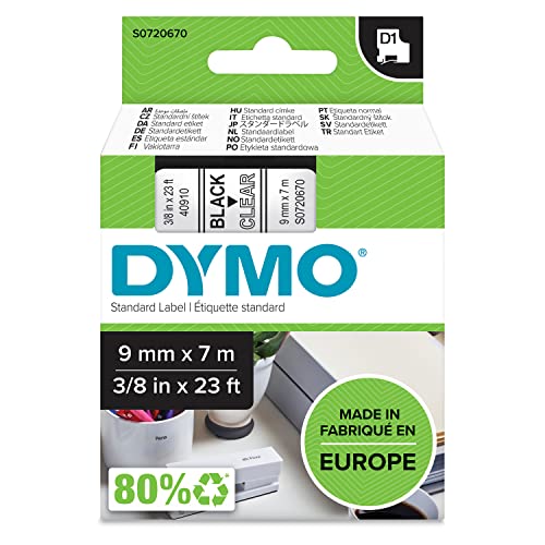 DYMO Original D1-Etikettenband | schwarz auf transparent | 9 mm x 7 m | selbstklebendes Etikettenband | für LabelManager-Beschriftungsgerät von DYMO