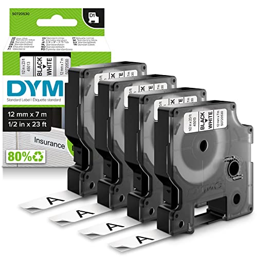 DYMO Original D1-Etikettenband | schwarz auf weiß | 12 mm x 7 m | selbstklebendes Schriftband | für LabelManager-Beschriftungsgerät | 4 D1 Etikettenkassetten von DYMO