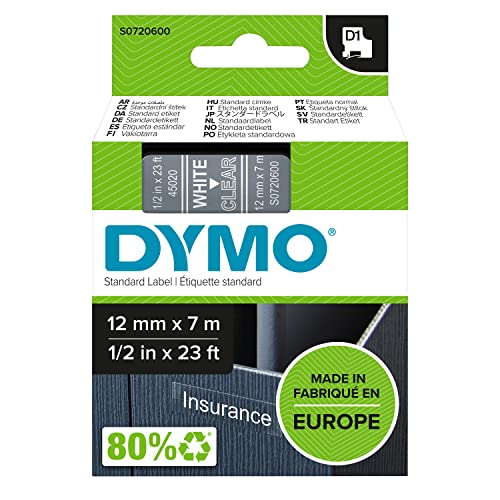 DYMO Original D1-Etikettenband | weiß auf transparent | 12 mm x 7 m | selbstklebendes Schriftband | für LabelManager-Beschriftungsgerät von DYMO