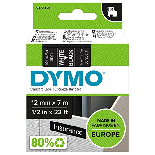 DYMO Original D1-Etikettenband | weiß auf schwarz | 12 mm x 7 m | selbstklebendes Schriftband | für LabelManager-Beschriftungsgerät von DYMO