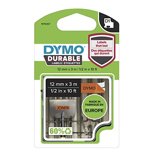 DYMO Original D1 Hochleistungs-Etikettenband | schwarz auf orange | 12 mm x 3 m | permanent haftendes Vinyl- Schriftband | für LabelManager-Beschriftungsgerät von DYMO