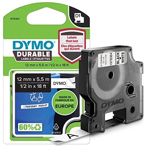 DYMO Original D1 Hochleistungs-Etikettenband | schwarz auf weiß | 12 mm x 5,5 m | permanent haftendes Vinyl- Schriftband | für LabelManager-Beschriftungsgerät von DYMO