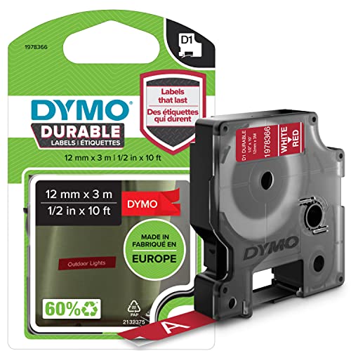 DYMO Original D1 Hochleistungs-Etikettenband | weiß auf rot | 12 mm x 3 m | permanent haftendes Vinyl-Schriftband | für LabelManager-Beschriftungsgerät von DYMO