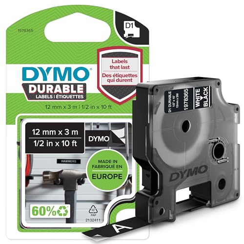 DYMO Original D1 Hochleistungs-Etikettenband | weiß auf schwarz | 12 mm x 3 m | permanent haftendes Vinyl- Schriftband | für LabelManager-Beschriftungsgerät von DYMO