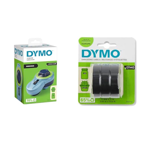 DYMO Junior Etikettenprägegerät & Original Prägeband | 3D weiß auf schwarz | 9 mm x 3 m | selbstklebendes Kunststoff Etikettenband | für Junior & Omega Beschriftungsgerät | 3 Prägebänder von DYMO