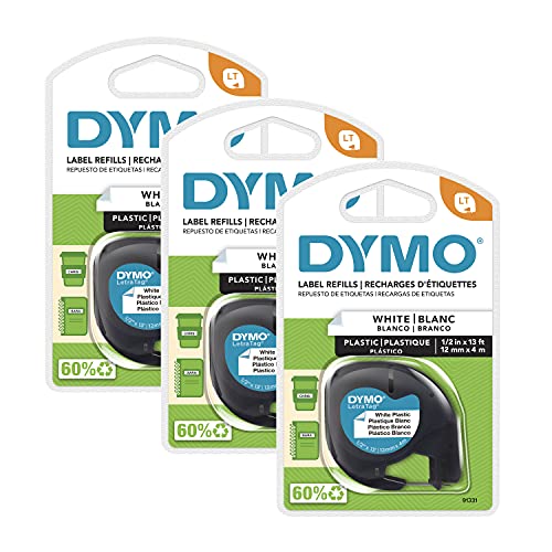 DYMO LT Kunststoff-Etiketten für LetraTag Etikettenhersteller, schwarzer Druck auf weißen Etiketten, 1,27 cm x 33 m Rollen, 3 Stück von DYMO
