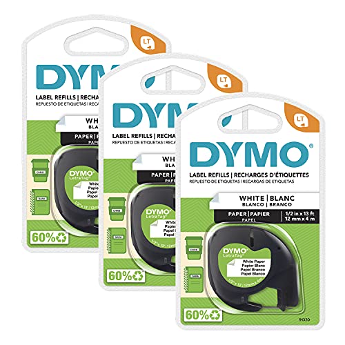 DYMO LT Papieretiketten für LetraTag Etikettenhersteller, schwarzer Druck auf weißen Etiketten, 1,27 cm x 6,9 m Rollen, 3 Stück von DYMO