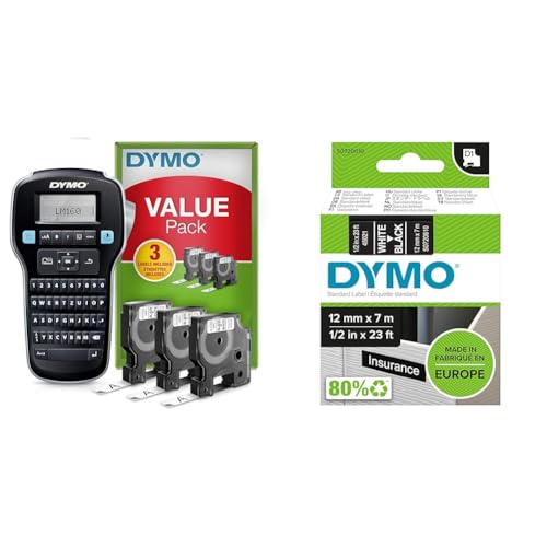 DYMO LabelManager 160 Tragbares Beschriftungsgerät Starter-Set & Original D1-Etikettenband | weiß auf schwarz | 12 mm x 7 m | selbstklebendes Schriftband | für LabelManager-Beschriftungsgerät von DYMO
