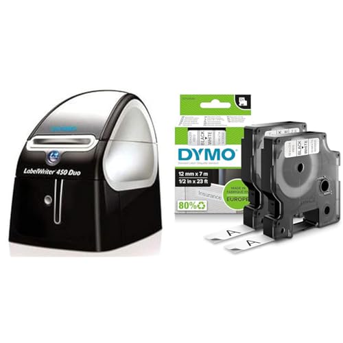 DYMO LabelWriter 450 Duo Etikettendrucker | Professioneller 300 DPI. Thermodirekt Etikettiergerät | Drucken Sie LW und D1 Etiketten & Original D1-Etikettenband | schwarz auf weiß | 12 mm x 7 m von DYMO
