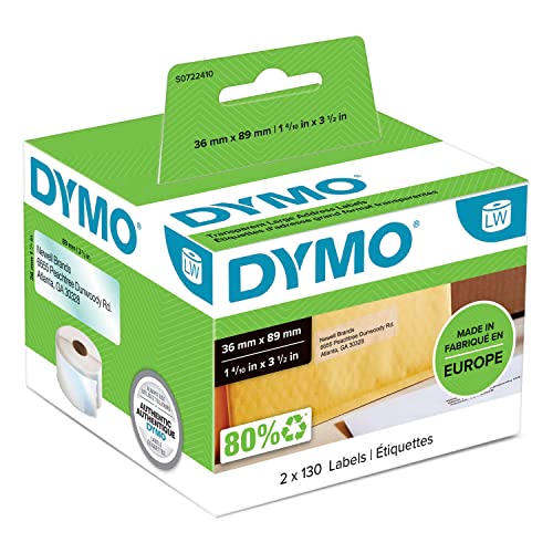 DYMO Original LabelWriter Adressetiketten, 36 mm x 89 mm, schwarz auf transparent, 2 Rollen mit je 130 leicht ablösbaren Etiketten (260 Etiketten), für LabelWriter Etikettendrucker von DYMO