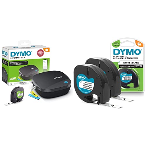 DYMO LetraTag 200B-Beschriftungsgerät mit Bluetooth | kompakter Etikettendrucker in Weiß & Original LetraTag Etikettenband | schwarz auf weiß | 12 mm x 4 m von DYMO