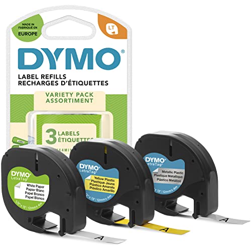 DYMO Original LetraTag Etikettenband | Papier/Kunststoff/Metall | 12 mm x 4 m | selbstklebendes Etiketten | für LetraTag-Beschriftungsgerät | 3 Etikettenkassetten von DYMO