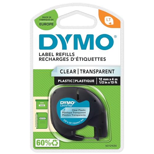 DYMO Original LetraTag Etikettenband | schwarz auf transparent | 12 mm x 4 m | selbstklebendes Kunststoff Schriftband | für LetraTag-Beschriftungsgerät von DYMO