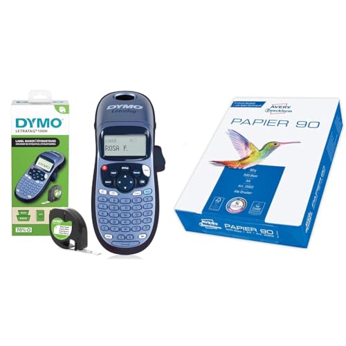 DYMO LetraTag LT-100H Beschriftungsgerät Handgerät | Tragbares Etikettiergerät mit ABC Tastatur | blau | Ideal fürs Büro oder zu Hause & Avery Zweckform 2563 Drucker-/Kopierpapier (500 Blatt von DYMO