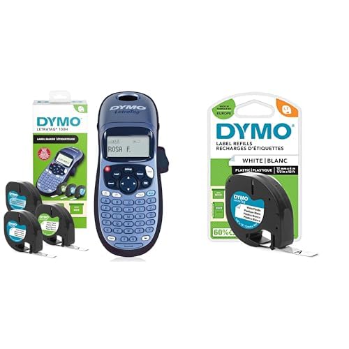 DYMO LetraTag LT-100H Beschriftungsgerät Handgerät & Original LetraTag Etikettenband| schwarz auf weiß 12 mm x 4 m selbstklebendes Kunststoff Schriftband von DYMO