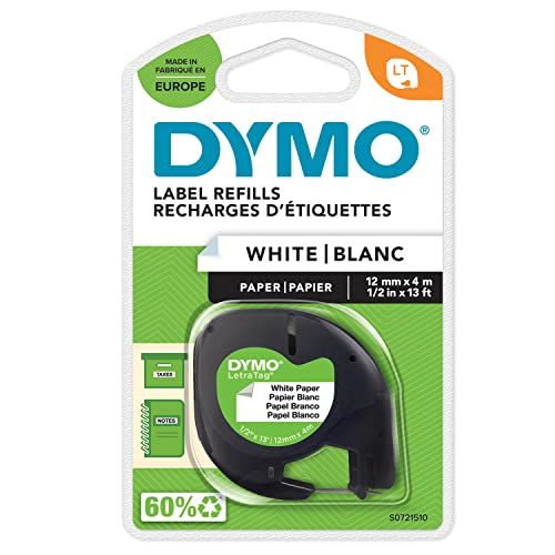 DYMO Original LetraTag Papier Etikettenband | schwarz auf weiß | 12 mm x 4 m | selbstklebendes Papier Schriftband | für LetraTag-Beschriftungsgerät von DYMO