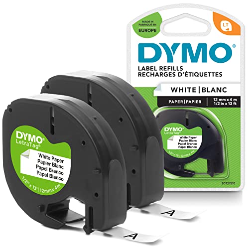 DYMO Original LetraTag Papier Etikettenband | schwarz auf weiß | 12 mm x 4 m | selbstklebendes Schriftband | für LetraTag-Beschriftungsgerät | 2 Etikettenkassetten von DYMO
