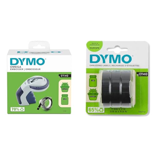 DYMO Omega Prägegerät | kleines Beschriftungsgerät & Original Prägeband | 3D weiß auf schwarz | 9 mm x 3 m von DYMO