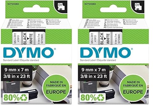 DYMO Original D1-Etiettenband | 9 mm x 7 m | schwarz auf weiß | selbstklebendes Etikettenband | für LabelManager-Beschriftungsgerät (Packung mit 2) von DYMO