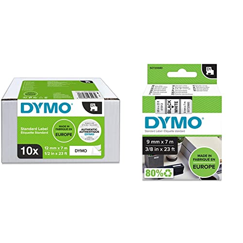 DYMO Original D1-Etikettenband | schwarz auf weiß | 12 mm x 7 m 10 Etikettenkassetten & D1-Etikettenband | 9 mm x 7 m | schwarzer Druck auf weißem Untergrund | selbstklebendes Schriftband von DYMO
