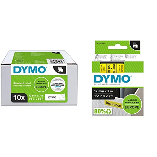 DYMO Original D1-Etikettenband | schwarz auf weiß | 12 mm x 7 m | für LabelManager-Beschriftungsgerät | 10 Etikettenkassetten & Original D1-Etikettenband | schwarz auf gelb | 12 mm x 7 m von DYMO