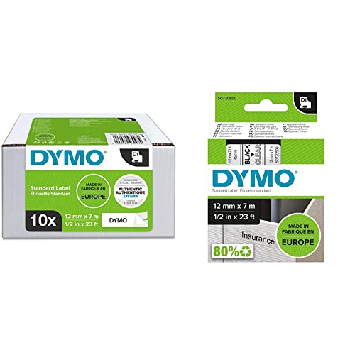 DYMO Original D1-Etikettenband | schwarz auf weiß | 12 mm x 7 m | selbstklebendes Schriftband | 10 Etikettenkassetten & Original D1-Etikettenband | schwarz auf transparent | 12 mm x 7 m von DYMO