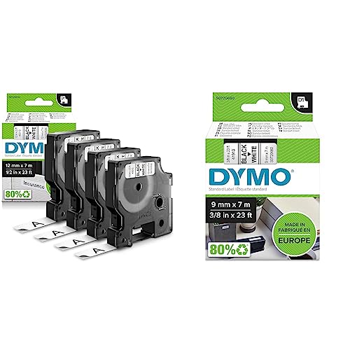 DYMO Original D1-Etikettenband | schwarz auf weiß | 12 mm x 7 m & Original D1-Etiettenband | 9 mm x 7 m | schwarz auf weiß | selbstklebendes Etikettenband | für LabelManager-Beschriftungsgerät von DYMO