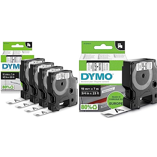 DYMO Original D1-Etikettenband | schwarz auf weiß | 12 mm x 7 m & Original D1-Etikettenband | schwarz auf weiß | 19 mm x 7 m | selbstklebendes Schriftband | für LabelManager-Beschriftungsgerät von DYMO
