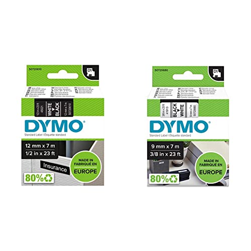 DYMO Original D1-Etikettenband | weiß auf schwarz | 12 mm x 7 m & Original D1-Etiettenband | 9 mm x 7 m | schwarz auf weiß | selbstklebendes Etikettenband | für LabelManager-Beschriftungsgerät von DYMO