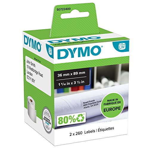 DYMO Original LabelWriter Adressetiketten (Groß) | 36 mm x 89 mm | schwarzer Druck auf weißem Untergrund | 2 Rollen mit je 260 Etiketten (520 Stück) | selbstklebend | für LabelWriter Etikettendrucke von DYMO