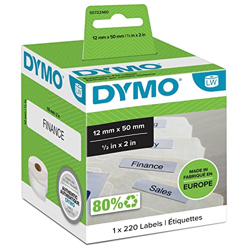 DYMO Original LabelWriter Etiketten für Hängemappen | 12 mm x 50 mm | Rolle mit 220 leicht ablösbaren Etiketten | selbstklebend | für LabelWriter Etikettendrucker und Beschriftungsgerät von DYMO