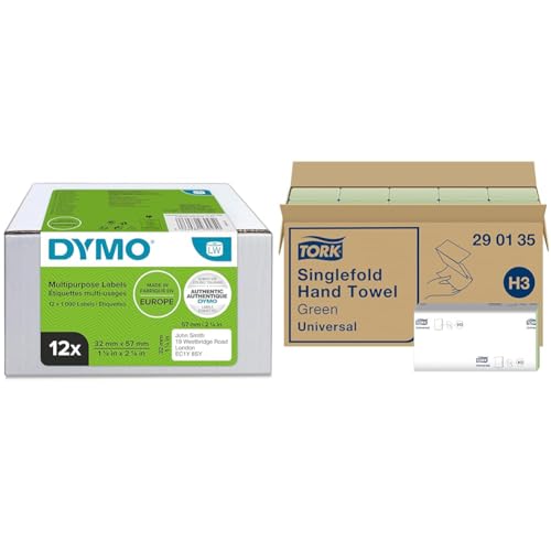DYMO Original LabelWriter Mehrzwecketiketten | 32 mm x 57 mm & Tork grüne Zickzack Papierhandtücher Universal 290135 - H3 Falthandtücher für Papierhandtuchspender - 1-lagig, grün - 20 x 200 Tücher von DYMO