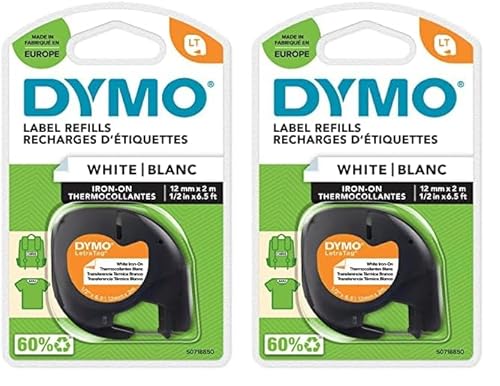 DYMO Original LetraTag Bügeletiketten | schwarz auf weiß | 12 mm x 2 m | Stoffetikettenband für LetraTag-Beschriftungsgerät (Packung mit 2) von DYMO