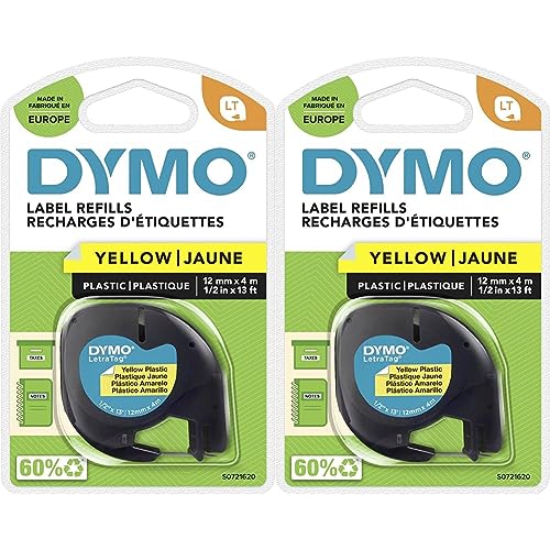 DYMO Original LetraTag Etikettenband | schwarz auf gelb | 12 mm x 4 m | selbstklebendes Kunststoffetiketten | für LetraTag-Beschriftungsgerät (Packung mit 2) von DYMO