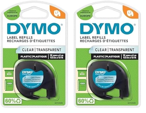 DYMO Original LetraTag Etikettenband | schwarz auf transparent | 12 mm x 4 m | selbstklebendes Kunststoff Schriftband | für LetraTag-Beschriftungsgerät (Packung mit 2) von DYMO