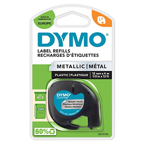 DYMO Original LetraTag Metallic Etikettenband | schwarz auf Metallic-Silber | 12 mm x 4 m | selbstklebendes Etiketten | für LetraTag-Beschriftungsgerät von DYMO