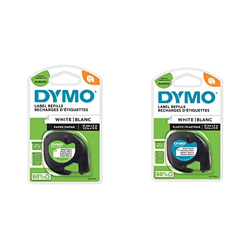 DYMO Original LetraTag Papier Etikettenband | schwarz auf weiß | 12 mm x 4 m & DYMO Original LetraTag Etikettenband| schwarz auf weiß | 12 mm x 4 m | selbstklebendes Kunststoff Schriftband von DYMO