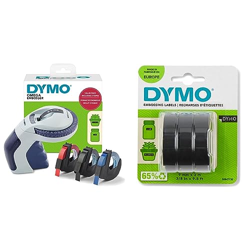 DYMO Prägegerät mit 3 Prägebändern | Omega Beschriftungsgerät-Starterset & Original Prägeband | 3D weiß auf schwarz | 9 mm x 3 m von DYMO