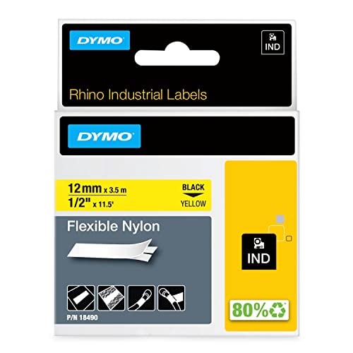 DYMO Rhino Industrie Nylonetiketten | flexibel | 12 mm x 3,5 m | schwarz auf gelbe | selbstklebendes Schriftband | fur DYMO Rhino und LabelManager Beschriftungsgerät von DYMO