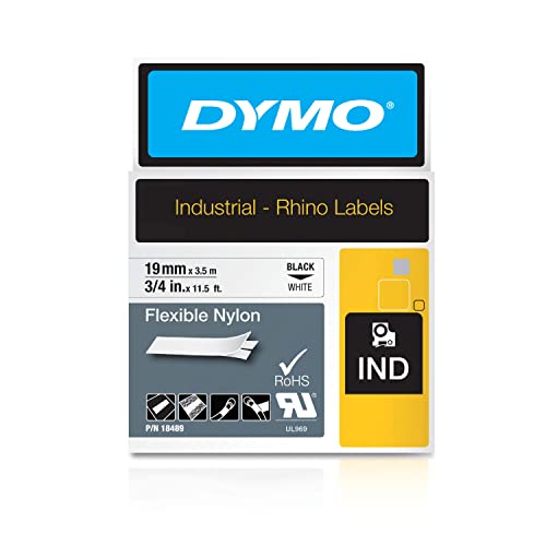 DYMO Rhino Industrie Nylonetiketten | flexibel | 19 mm x 3,5 m | schwarze Schrift auf weißem Untergrund | selbstklebendes Schriftband von DYMO