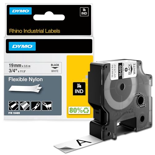 DYMO Rhino Industrie Nylonetiketten, flexibel, 19 mm x 3,5 m, schwarze Schrift auf weißem Untergrund, selbstklebendes Schriftband von DYMO