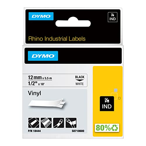 DYMO Rhino-Industrie-Vinyletiketten | 12 mm x 5,5 m | schwarz auf weiß | selbstklebendes Schriftband | für DYMO Rhino und LabelManager Beschriftungsgerät von DYMO