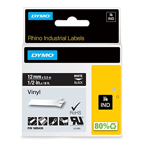 DYMO Rhino-Industrie-Vinyletiketten | 12 mm x 5,5 m | weiß auf schwarz | selbstklebendes Schriftband | für DYMO Rhino und LabelManager Beschriftungsgerät von DYMO