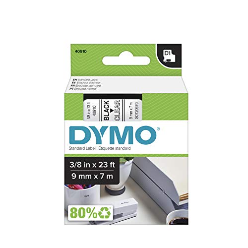 DYMO Standard D1 40910 Beschriftungsband (schwarzer Druck auf transparentem Klebeband, 0,9 cm B x 58,4 cm L, 1 Patrone), Authentisch von DYMO