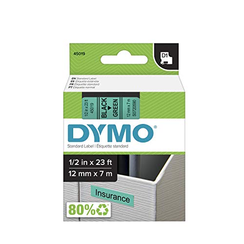 DYMO Standard D1 Beschriftungsband für LabelManager Etikettenhersteller, schwarzer Druck auf grünem Band, 1,27 cm B x 58 cm L, 1 Patrone (45019) von DYMO
