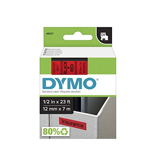 DYMO Standard D1 Etikettenband für LabelManager Etikettenhersteller, schwarzer Druck auf rotem Band, 1,27 cm B x 7,6 m L, 1 Kartusche (45017) von DYMO