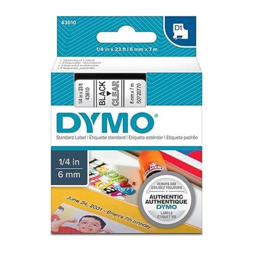 Dymo D1 Schriftband 6 mm x 7 m schwarz auf transparent 43610 von DYMO