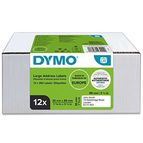 DYMO Original LabelWriter Adressetiketten (groß) | 36 mm x 89 mm | 12 Rollen mit je 130 leicht ablösbaren Etiketten (1.560 Etiketten) | selbstklebende Etiketten | für LabelWriter-Beschriftungsgerät von DYMO